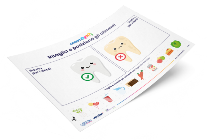 Immagine con attività gioco per imparare i cibi buoni e cattivi per i denti
